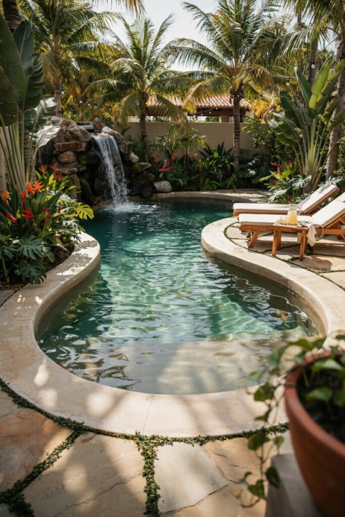 Custom freeform concrete gunite swimming pool featuring a natural stone waterfall and dark pebble interior finish.