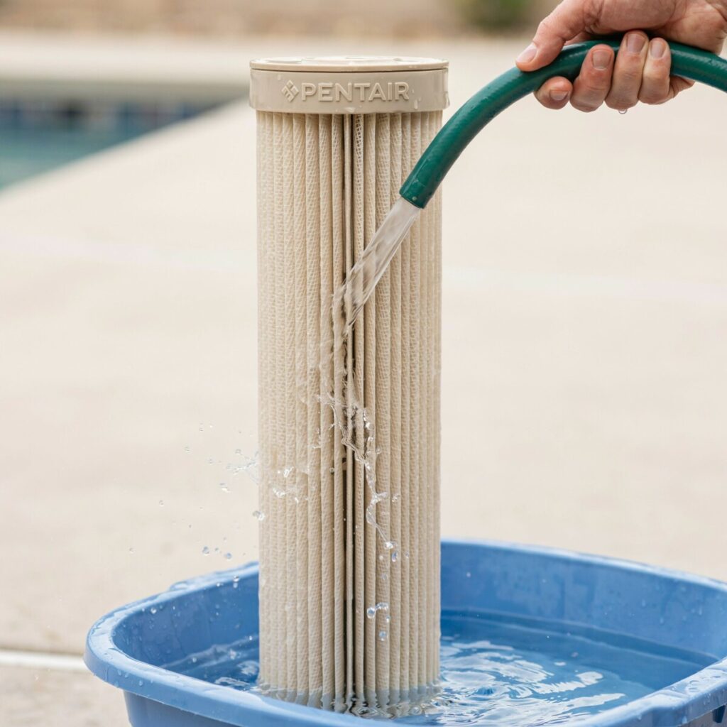 Correct way to rinse a pool cartridge filter with garden hose spraying at 45-degree angle between pleats