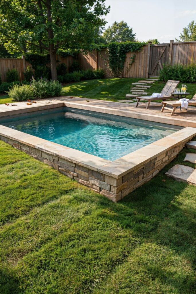 Semi in-ground swimming pool with a raised stone retaining wall and wooden deck built into a sloped backyard.