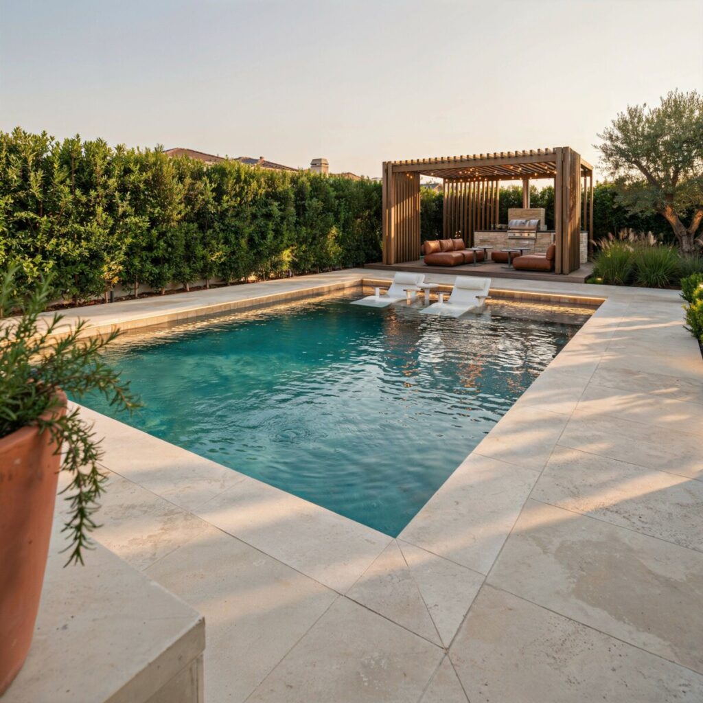 Beautiful modern in-ground rectangular swimming pool with a tanning ledge in a landscaped backyard at sunset.